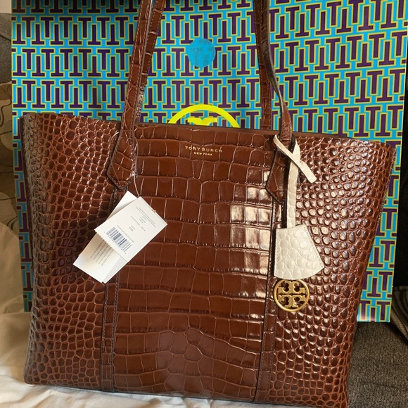 SOLD⛔️Authentic TORY BURCH Embossed leather triple compartment tote - Picture 2 of 15